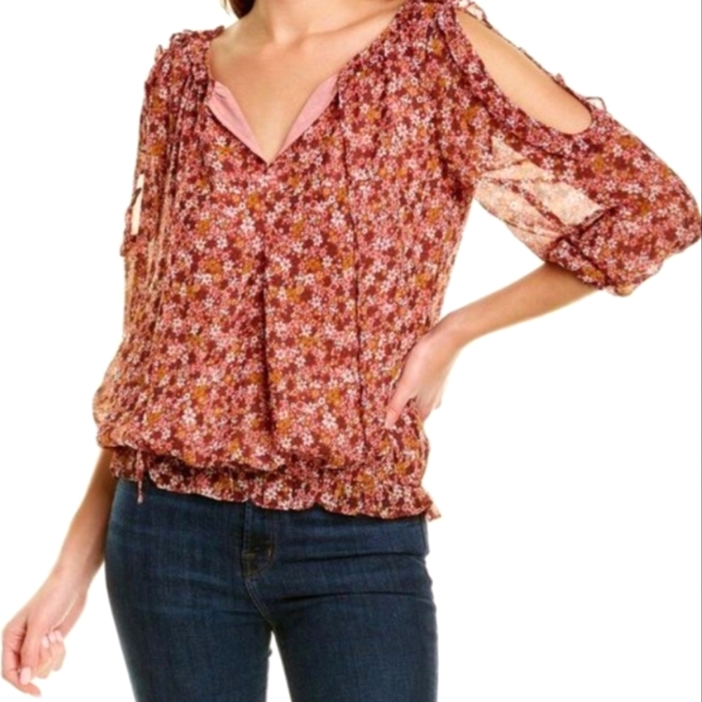 New, Max Studio sheer red floral cold shoulder blouse women's size medium
